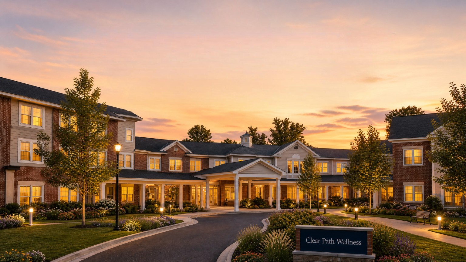 Clear Path Wellness main building at sunset with the Clear Path Wellness identity