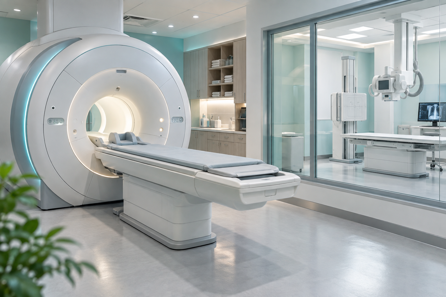 Modern diagnostic imaging suite with MRI and digital X-ray equipment